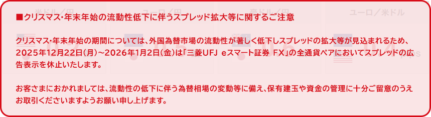 クリスマス・年末年始の流動性低下に伴うスプレッド拡大等に関するご注意