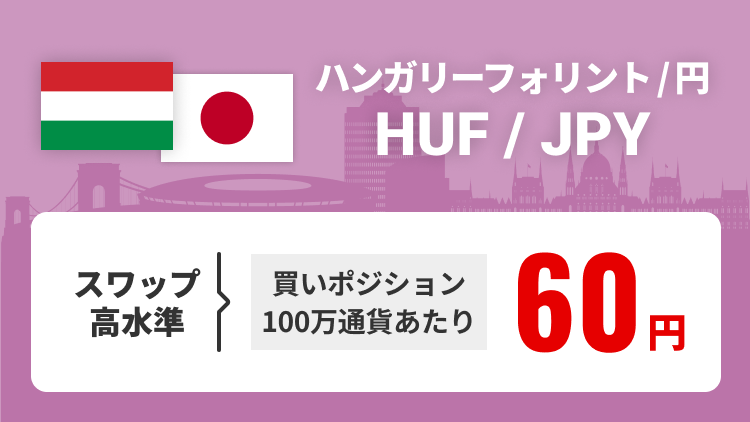 ハンガリーフォリント/円(HUF/JPY)スワップ高水準 買いポジション100万通貨あたり60円で提供中