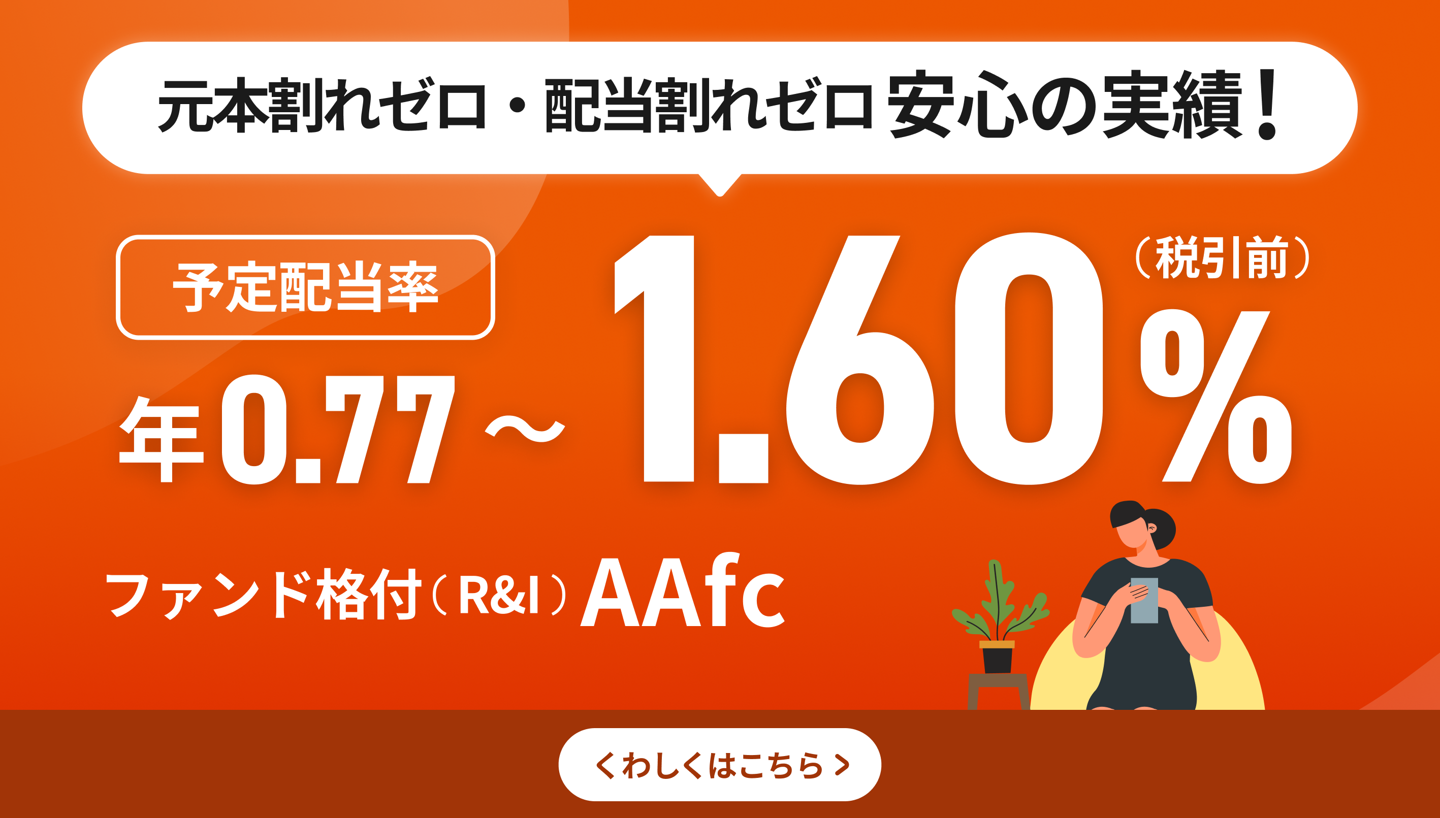 元本割れゼロ・配当割れゼロ 安心の実績！予定配当率 年0.75～1.60%（税引き前）ファンド格付（R&I）AAfc