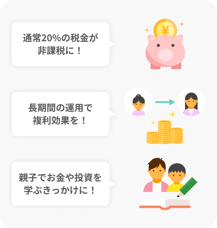 通常20%の税金が非課税に！長期間の運用で複利効果を！親子でお金や投資を学ぶきっかけに！
