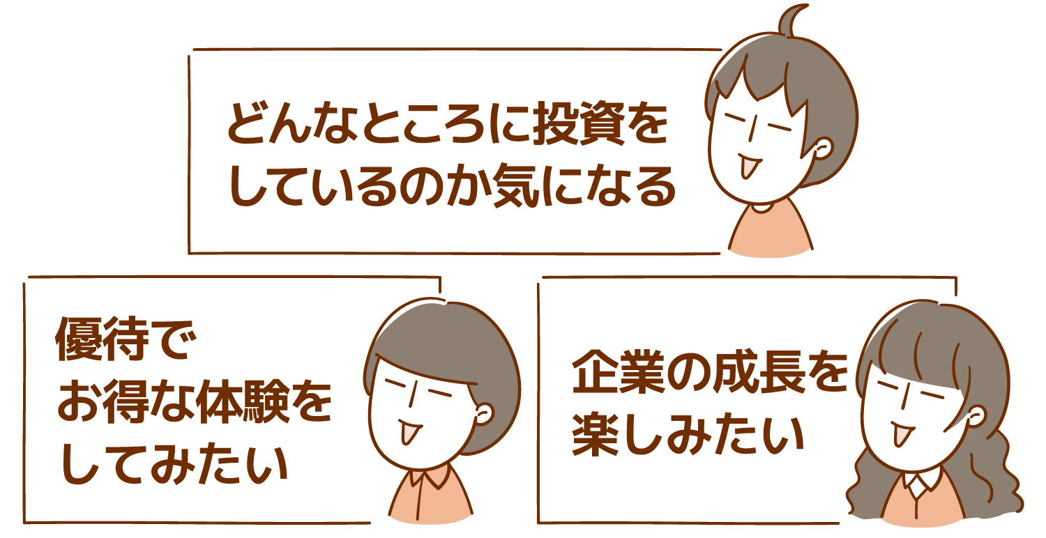 どんなところに投資をしているのか気になります/企業の成長を楽しみたい/優待でお得な体験をしてみたい
