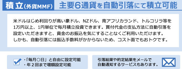 積立（外貨建MMF)主要6通貨を自動引落にて積立可能