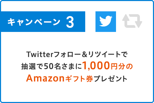 キャンペーン3　Twitterフォロー＆リツイートで抽選で50名様に1,000円分のAmazonギフト券プレゼント