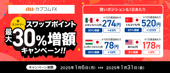 【要エントリー】auカブコムFX スワップポイント最大30％増額キャンペーン