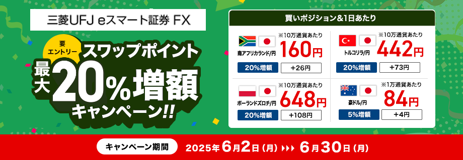 【三菱UFJ eスマート証券 FX】スワップポイント最大20％増額キャンペーン（要エントリー）