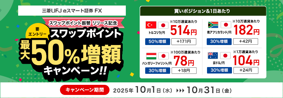 【三菱UFJ eスマート証券 FX】スワップポイント最大30%増額キャンペーン（要エントリー）