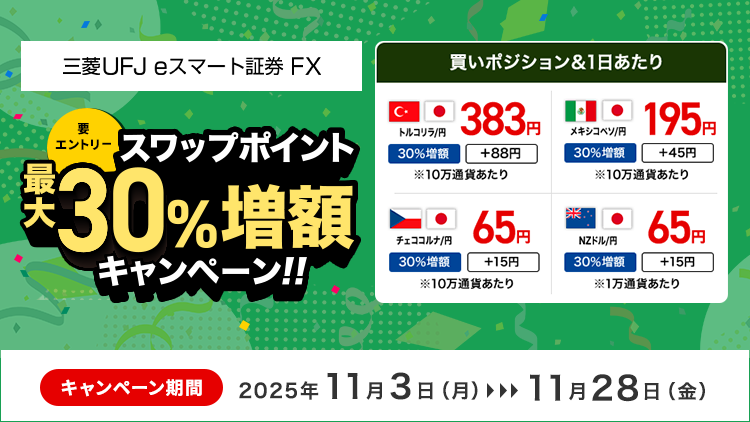 【三菱UFJ eスマート証券 FX】スワップポイント最大30%増額キャンペーン（要エントリー）