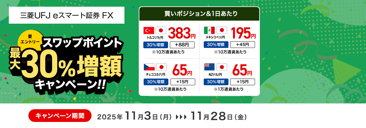 【三菱UFJ eスマート証券 FX】スワップポイント最大30％増額キャンペーン（要エントリー）