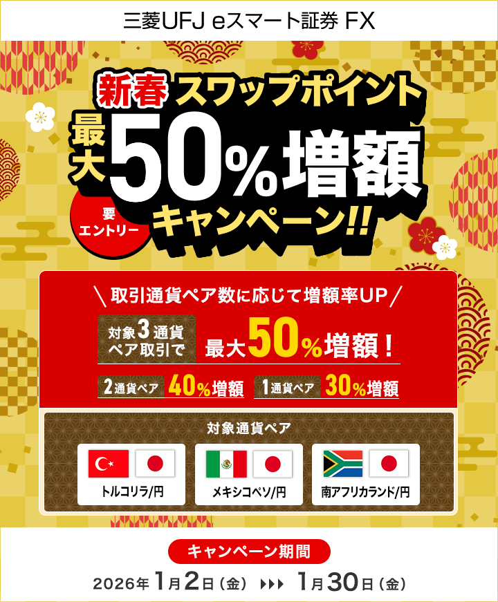 【三菱UFJ eスマート証券 FX】スワップポイント最大50％増額キャンペーン（要エントリー）