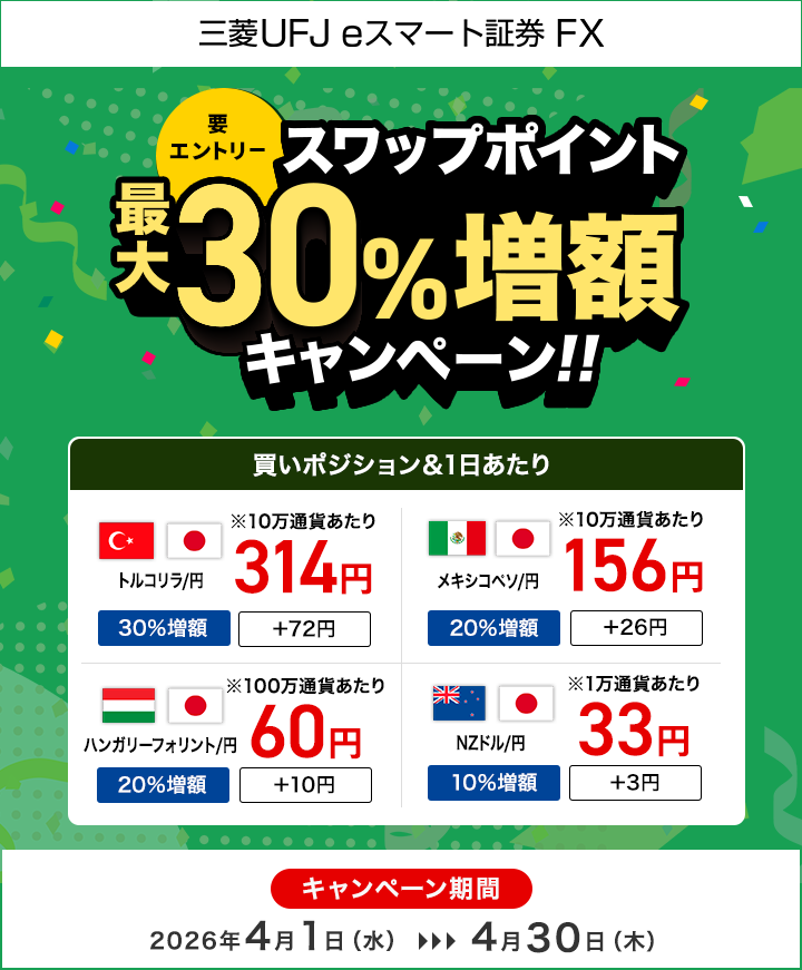 【三菱UFJ eスマート証券 FX】スワップポイント最大30％増額キャンペーン（要エントリー）