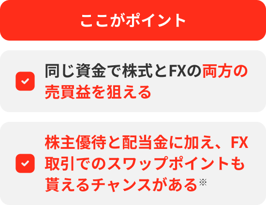 【ここがポイント】同じ資金で株式とFXの両方の売買益を狙える、株主優待と配当金に加え、FX取引でのスワップポイントも貰えるチャンスがある※