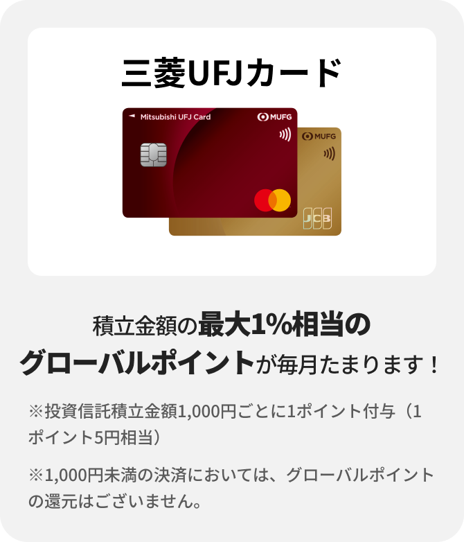 三菱UFJカード 積立金額の最大1%相当のグローバルポイントが毎月たまります。