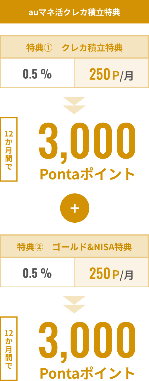 auマネ活クレカ積立特典 クレカ積立特典 12ヵ月間で3,000Pontaポイント!＋ゴールド&NISA特典 12ヵ月間で9,000Pontaポイント!