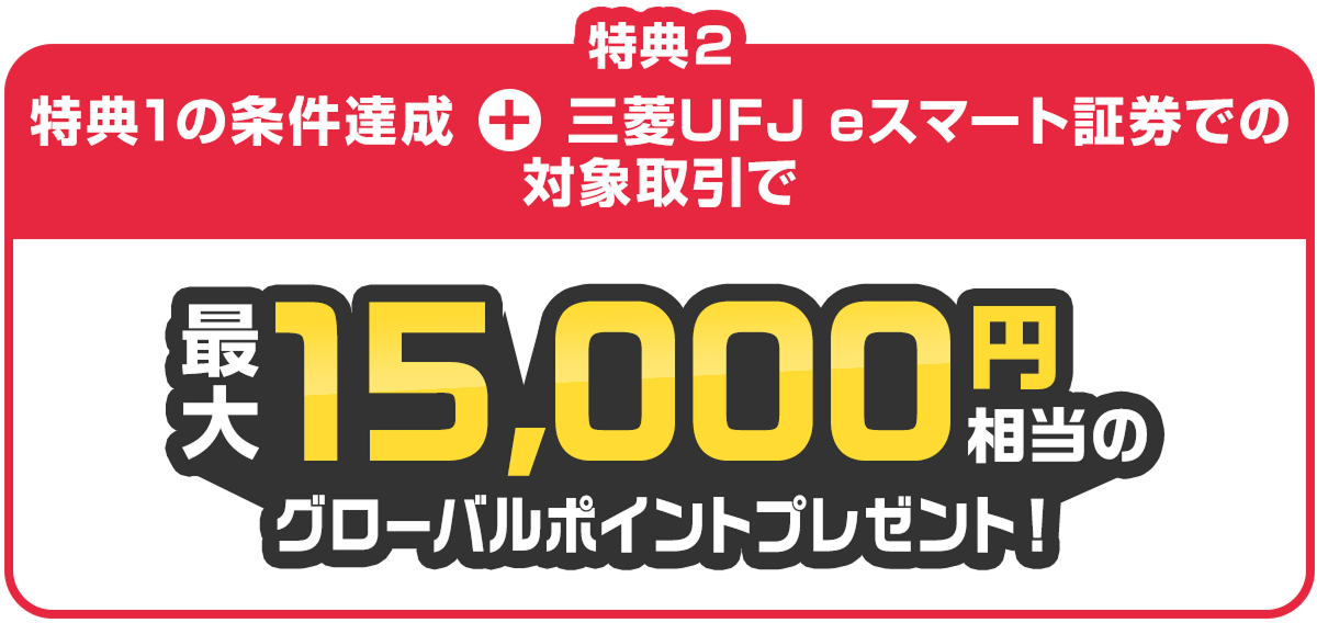 特典2 特典1の条件達成 + 三菱UFJ eスマート証券での対象取引でで最大15,000円相当のグローバルポイントプレゼント!