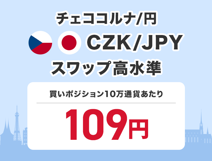 チェココルナ/円 CZK/JPY スワップ高水準 買いポジション1万通貨あたり110円で提供中