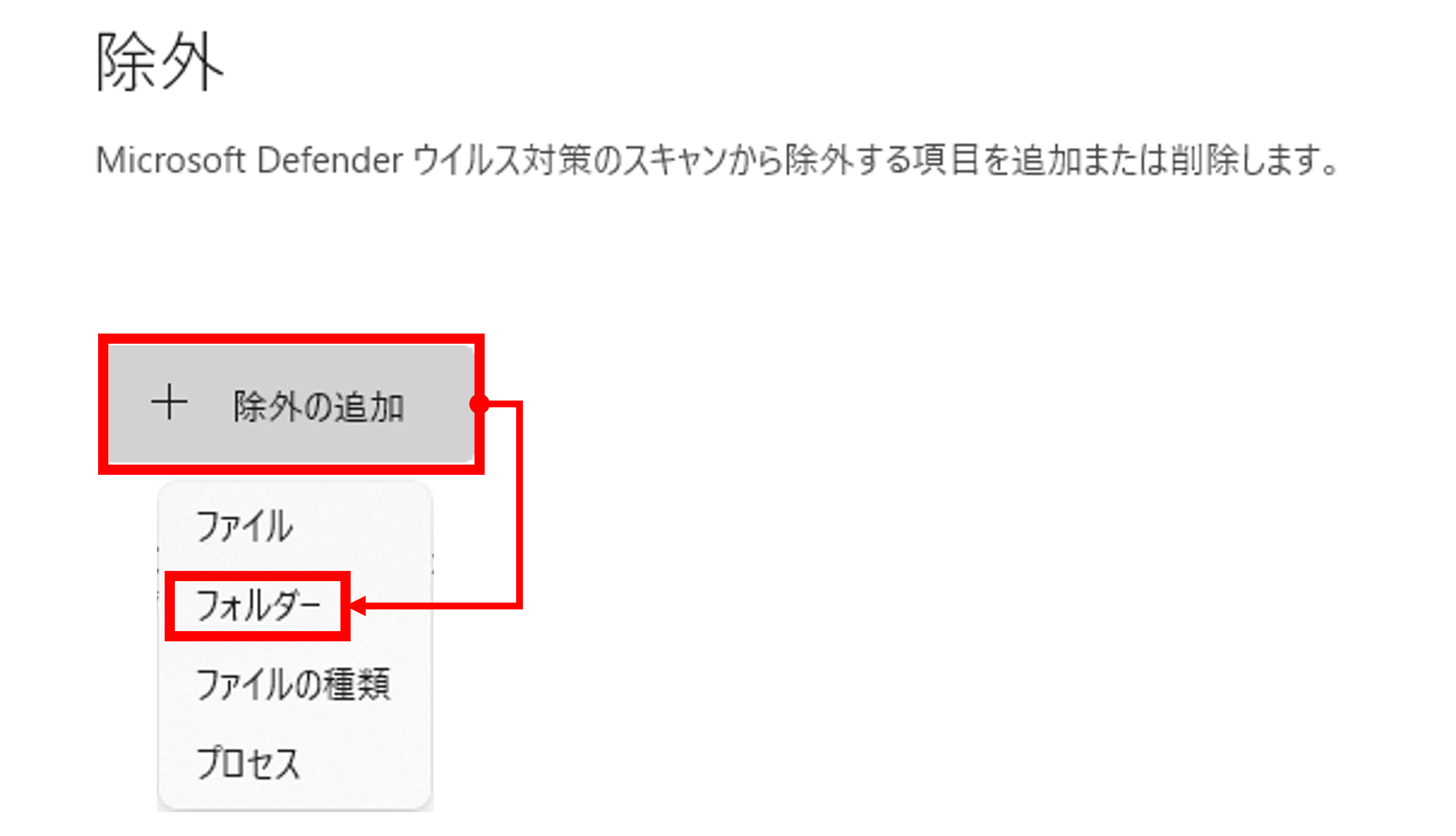 「+除外の追加」をクリックし、「フォルダー」を選択します。